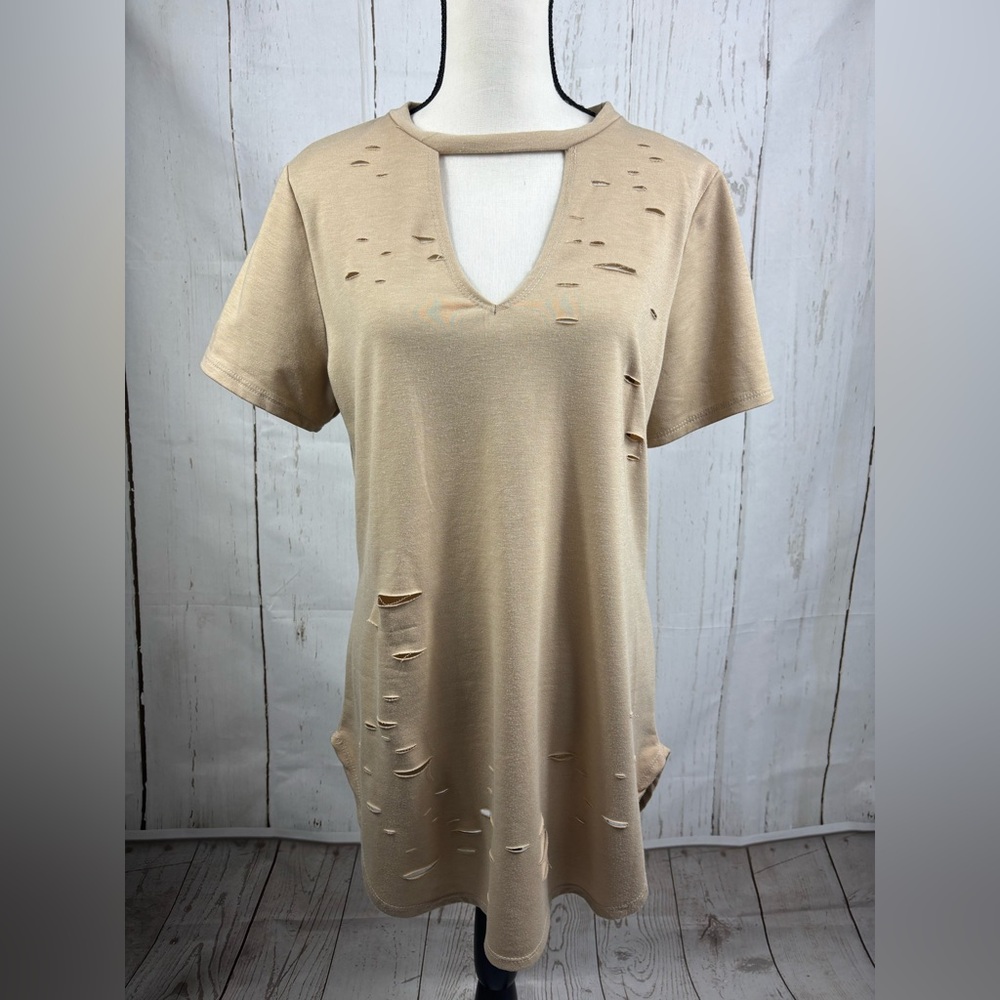 Distress Rip Tunic Top Beige Tan - Picture 4 of 6
